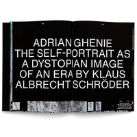 An open art book is displayed against a white background. The two-page spread is black with large, white, sans-serif text that reads, Adrian Ghenie The Self-Portrait as a Dystopian Image of an Era by Klaus Albrecht Schröder. A series of small, grayscale figure sketches runs along the bottom of the pages.