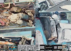 An abstract diptych painting with dynamic, expressive brushwork. The left panel features organic, rounded forms in fleshy tones of beige, brown, and pink. The right panel is more geometric, with angular shapes in a cooler palette of grey, white, and light blue. A long strip of smaller thumbnail images and sketches runs along the bottom of the entire composition.