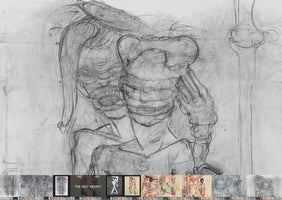 An abstract, sketchy charcoal drawing in black and white showing two overlapping, distorted figures. The central figure has a large, bone-shaped object on its head and holds a hand to its face. A drawing of a bone is on the right. At the bottom, a strip of thumbnail images includes the text THE SELF-SEERS I.