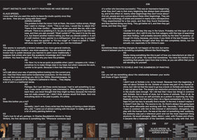 A two-page book spread, pages 238 and 239, with white text on a black background. The spread features an interview between Klaus Speidel and Adrian Ghenie under the heading Craft Instincts and the Shitty Paintings We Have Behind Us. The text is arranged in columns above a row of small images of artworks along the bottom.