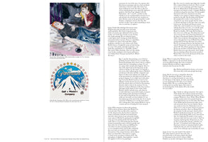 A two-page magazine spread titled Not of this World: A Conversation between Hernan Bas and Isabelle Graw. The left page features two artworks: at the top, a painting by Hernan Bas of a person lying down while another figure looks on, and at the bottom, a painting by Andy Warhol of the Paramount Pictures logo. The spread is filled with columns of text from the conversation.