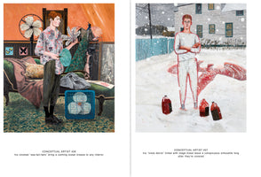 A two-panel image of paintings. The left panel shows a red-haired man in a cluttered, warm-toned room with a peacock and several fans. The right panel shows the same man standing in the snow, outlined in red, with a red snow angel and jugs of red liquid on the ground. Each panel includes a caption identifying it as a work by a conceptual artist.