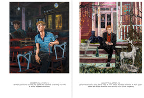 A two-page spread showing two expressionist paintings of young men, labeled Conceptual Artist #14 and #15. On the left, a man in a striped shirt holds a rosary in a dark waiting room. On the right, a man in a suit sits on a cluttered porch with hanging keys, animal statues, and a face peering from a window, creating a scene of staged occult activity. Each painting has a short, descriptive caption below it.
