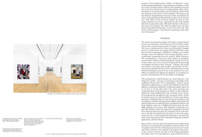 A two-page spread from an art book or catalog. The left page features a large color photograph showing an installation view of the Hernan Bas exhibition at The Bass, Miami Beach. The photo depicts a long, white gallery with a light wood floor, with colorful paintings hanging on the walls. The right page is filled with two columns of black text.