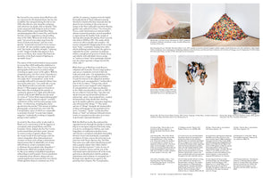 A two-page spread from an academic book or journal. The left page features two columns of black text on a white background. The right page displays a grid of six images of artworks at the top, including a corner filled with pink powder and another with a large pile of colorful candies. Below the images are captions and a section of numbered footnotes that continue from the left page. The page numbers 56 and 57 are at the bottom.