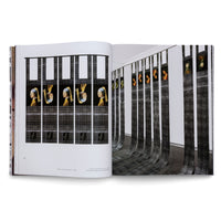 An open book displays a two-page spread of an art installation. The artwork consists of long, vertical strips with a black-and-white grid pattern, featuring repeated and inverted portraits of Vermeer's Girl with a Pearl Earring. The photo on the right shows the strips hanging in a gallery and curling onto the floor.