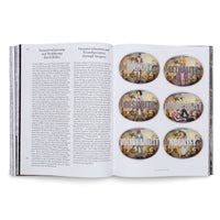 An open art book displays a two-page spread. The left page contains German text, and the right page has English text titled Immaterialization and Transfiguration through Imagery. On the right are six oval artworks that collage modern celebrities onto classical paintings of heavenly scenes, each overlaid with a word like DIGNITY or VULNERABILITY.