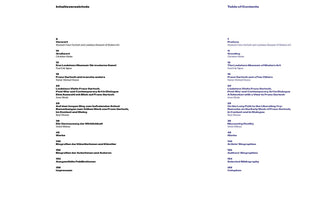 A book's table of contents is displayed side-by-side in two languages on a white background. The left column, titled Inhaltsverzeichnis, is in German and printed in black text. The right column, titled Table of Contents, is the English translation printed in purple text. Both columns list chapter titles with their corresponding page numbers.