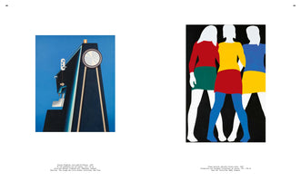 A two-page spread from an art book. On the left is Konrad Klapheck’s painting, Die Logik der Frauen, showing a monumental black sewing machine against a solid blue sky. On the right is Franz Gertsch’s painting, Mireille, Colette, Anne, depicting three women from behind in brightly colored red, yellow, and blue tops and skirts against a black background.