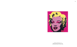 A reproduction of Andy Warhol's iconic 1967 Pop Art silkscreen print of Marilyn Monroe, featured on a white page. The close-up portrait uses bold, flat colors: her hair is bright yellow, her skin is pink, her lips are red, and the background is a solid, vibrant magenta.