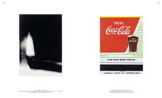 A two-page book spread displaying two paintings by Andy Warhol. On the left is Shadow, 1979, an abstract vertical composition in black and white. On the right is Close Cover Before Striking, 1962, a pop art painting of a red and white Coca-Cola matchbook cover.