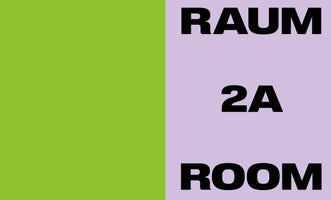 A minimalist, color-blocked sign divided into two vertical panels. The left panel is lime green. The right panel is light purple and features bold, black, sans-serif text stacked vertically, reading RAUM, 2A, and ROOM, indicating Room 2A in German and English.