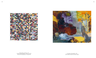 An open book spread shows two contrasting abstract paintings. On the left, Gerhard Richter’s 1025 Farben features a precise grid of hundreds of small, multicolored rectangles. On the right, Per Kirkeby’s Beatus-Apokalypse is an expressive, gestural painting with thick brushstrokes in earthy tones, purple, and yellow.