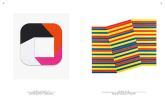 A two-page spread from an art book, pages 84 and 85, displaying two abstract artworks against a white background. On the left, a piece by Gerold Miller features a thick, rounded, square frame made of color blocks in black, orange, and magenta around a white center. On the right, a piece by Frank Stella shows a geometric pattern of repeating horizontal stripes in red, yellow, and blue, arranged in an angular shape that creates a sense of perspective. Each artwork has a caption below it with details.