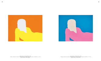 A two-page book spread displaying two minimalist collages by Franz Gertsch from 1969. On the left, a figure with white hair and a yellow body is set against an orange background. On the right, the same composition is shown with a pink body and off-white hair against a blue background.