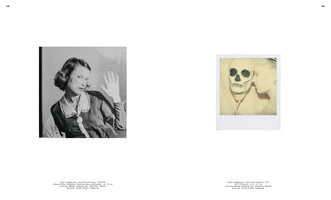 A two-page spread from an art book featuring two photographs by Birgit Jürgenssen. On the left, a black-and-white photo shows a woman with dark, wavy hair looking at the camera with her hand raised. On the right, a color Polaroid shows a person in profile pressing their face against a skull.