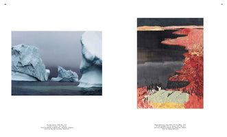 A two-page book spread. The left page features a photograph of large, sculptural icebergs floating in dark water under a misty gray sky. The right page displays an abstract painting of a dramatic landscape with a dark sky, a body of water, and a coastline rendered in bold strokes of red, yellow, and pale green, dotted with dark trees. Captions are visible below each artwork.