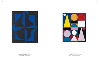 A book spread displays two abstract paintings. On the left, Victor Vasarely's Zilah features bold, interlocking blue shapes on a black background. On the right, Auguste Herbin's Jaune is a colorful grid of geometric shapes, including circles, triangles, and squares in various hues like yellow, red, and blue.