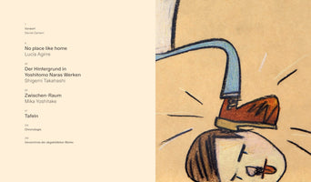 A spread from an art book, with a table of contents in German on the left and a drawing on the right. The table of contents lists a chapter on artist Yoshitomo Nara. The drawing, in Nara's distinctive style, depicts a cartoonish head with a large brown boot stepping on it.