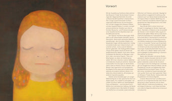 An open page from an art catalog. On the left is a painting by Yoshitomo Nara of a girl with orange bobbed hair and closed eyes, wearing a yellow top against a dark background. On the right is a page with two columns of German text titled Vorwort.