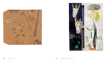 A book spread displaying two contrasting artworks. On the left, a child-like colored pencil drawing on brown paper from 1984 shows a girl on a stick horse among other doodles. On the right, an expressionistic painting on wood from 1987-1997 is split into two panels: a dark one with two white horse heads, and a light one with a haloed figure, with the words UNTER HIMMEL painted below.