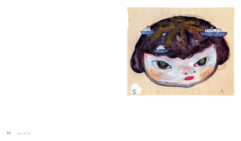 A page from an art book showing the artwork Ships in Girl, 1992. The painting on the right is a stylized close-up of a girl's head on light brown paper. She has a dark bob haircut, large, intense green eyes, and a sullen expression. Three small, simple blue and white ships are depicted floating in her hair.