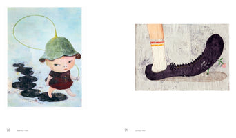 A two-page spread from an art book featuring two paintings by Yoshitomo Nara. On the left, Walk On I, 1998, shows a child in a green plant-like hat walking past a dark, stacked form. On the right, Untitled, 1994, is a close-up of a leg in a striped sock and a long, pointed black shoe with a pink flower growing from under its toe.