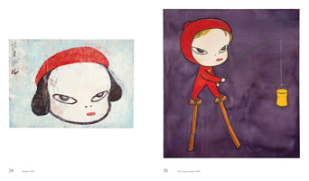 An art book spread with two paintings by Yoshitomo Nara from 1995. On the left, Mártir, a close-up portrait of a child with a large head and a defiant expression, wearing a red beret on a light blue background. On the right, The Longest Night, a child in a red hooded suit walks on stilts against a purple background, holding a fishing rod with a glowing yellow lantern hanging from it.