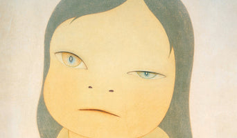 A close-up colored pencil drawing of a stylized child's face with dark, straight hair against a pale background. The child has a sullen expression with a thin, downturned mouth and large, almond-shaped eyes of different colors: one is yellow and blue, and the other is green.