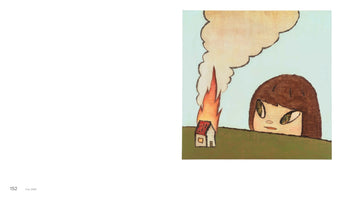 A painting in the style of Yoshitomo Nara showing a girl with a large head and wide, vacant eyes peering over a green hill. In the background, a small white house is engulfed in flames, with a large plume of smoke billowing into the pale blue sky.