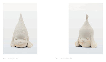 A two-page book spread displays two similar, off-white ceramic sculptures against a plain background. On the left is a child-like head with closed eyes and a tall, pointed conical hat, captioned Little Thinker in Silence, 2016. On the right, a similar head features a more rounded hat with a bud-like shape on top, captioned Little Thinker in the Garden, 2016. Both sculptures have serene expressions.