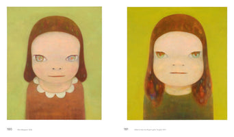 A two-page spread from an art book showing two portraits by Yoshitomo Nara. On the left, Miss Margaret, 2016, depicts a girl with large, round, multicolored eyes and a white scalloped collar against a pale green background. On the right, I Want to See the Bright Lights Tonight, 2017, shows a similar girl with narrower, more intense eyes and a stern expression against a bright chartreuse background.