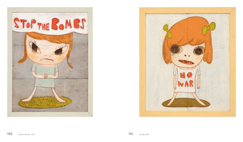 Two anti-war paintings by artist Yoshitomo Nara, displayed side-by-side. The left painting, Stop the Bombs, shows an angry girl with pigtails and crossed arms beneath a sign reading STOP THE BOMBS. The right painting, No War, shows a sad, crying girl with a bruised eye wearing a t-shirt that says NO WAR.