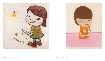 A side-by-side display of two paintings by Yoshitomo Nara. The left painting shows a defiant girl with fangs and a sinister smile holding a bloody, serrated knife next to a severed white flower. The right painting shows a somber girl with closed eyes, standing in pink water and holding an intact white daisy.