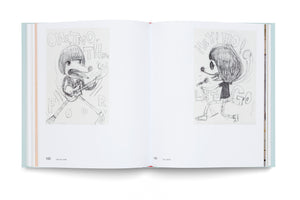 An open book, photographed from above against a white background, displaying two pages of black-and-white pencil sketches. On the left page, a cartoon character with a bowl haircut and sunglasses plays an electric guitar, surrounded by the words ONE, TWO, THREE, FOUR. On the right page, a similar character energetically sings into a microphone with the words HEY! HO! LET'S GO!.