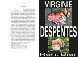 A page layout with two columns. The left column is white with German text. The right column is black with large, bold, white text that reads VIRGINIE DESPENTES. Within the black column are two photos: one of a fleshy-pink abstract sculpture on concrete, and another of a large pumpkin pushing through a wire fence.