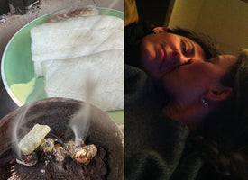 A split image showing two scenes. On the left, a bowl of smoking incense next to a plate with two white rectangular food items. On the right, a dimly lit, intimate close-up of one person kissing another on the cheek.