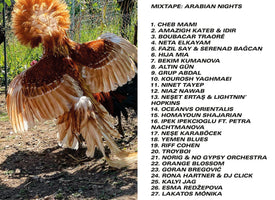 Album art for a mixtape titled ARABIAN NIGHTS. The left side is a photo of a rooster with elaborate brown and cream plumage and a large, fluffy crest. The right side displays the tracklist of 27 artists against a white background.