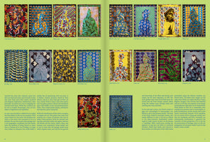 A two-page spread from a book with a light green background, displaying a grid of twenty framed artworks made from vibrant, patterned African wax print fabrics. Many of the textile artworks feature human figures draped and camouflaged by the colorful cloth. Each piece is labeled with a title and year, accompanied by blocks of explanatory text.