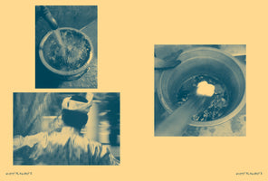 A triptych of blue-tinted photographs on a pale yellow background. On the left, an overhead shot shows water filling a bucket, positioned above a motion-blurred image of a person wearing a head wrap. The larger photo on the right shows a hand mixing materials in a bucket of water.