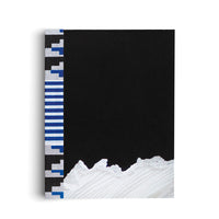 A vertical abstract art piece with a large, textured black rectangle. A decorative border with blue, white, and black geometric patterns runs down the left side. The bottom edge of the black rectangle is torn, revealing a white, diagonally pleated surface underneath.