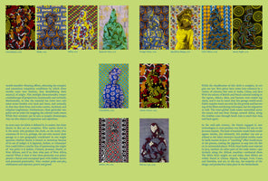 A digital layout on a green background featuring twelve photographs and two columns of text. Each photograph shows a figure completely covered and camouflaged in a vibrant, patterned wax print fabric, standing against a matching background. The accompanying text discusses the complex cultural and colonial history of these textiles.