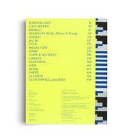 A high-angle view of an open book on a white surface, showing its table of contents and colophon page. The page is a bright chartreuse yellow with blue serif text. Chapter titles like BORDERLAND, INDIGO, and MIGRATION are listed with page numbers on the left. The right edge of the page features a decorative border with a blue and white geometric pattern.