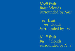 Light green text on a blue background presents a wordplay poem in three stanzas. The first reads: Neeli fruit, Bunni clouds, Surrounded by Noor. The second stanza isolates double letters: ee fruit, nn clouds, Surrounded by oo. The third shows the words with the double letters removed: N li fruit, Bu i clouds, Surrounded by N r.