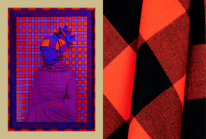A diptych art piece separated by a beige bar. On the left, a figure viewed from behind is completely covered in vibrant, clashing red and blue plaid fabrics, including a headwrap. The figure is set against a matching plaid background inside a plaid-covered frame. On the right is a close-up of a large, bold red and black buffalo check fabric, with the texture of the weave visible.