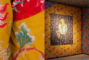 A diptych image. The left panel is a close-up of brightly colored, folded textiles with floral patterns in yellow and red. The right panel shows an art installation in a room corner, where the walls and ceiling are covered in various floral wallpapers. On the wall hangs a large piece of art showing a seated figure completely obscured by patterned fabric, blending into the floral background.