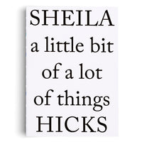 The white cover of a book titled Sheila Hicks: a little bit of a lot of things. The text is printed in a black serif font, with SHEILA and HICKS in large capital letters at the top and bottom, and the subtitle in smaller, lowercase letters in the middle.