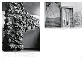 A black-and-white two-page spread from a book, pages 142 and 143. On the left, a photograph of an art installation shows a massive accumulation of crumpled khaki shirts wrapped around a pillar and hanging in a long line from the ceiling. On the right, a photograph shows a gallery with large, woven tapestries hanging on the walls next to an open, arched doorway.