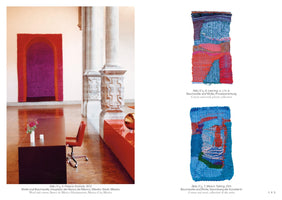 A page from a book, number 145, featuring three textile art pieces with captions. On the left, a large photograph shows a room with a red and purple arched tapestry titled Palacio Iturbide hanging on a wall next to stone pillars. On the right, two smaller, vertically oriented, abstract weavings are shown; the top one is mainly red and blue, titled Leaving, and the bottom one is predominantly blue, titled Melvin Talking.