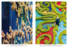 A diptych comparing two artworks. On the left is a close-up of a 1969 textile relief featuring thick, knotted tan fibers over vertical strands of blue, green, and yellow. On the right is an aerial view of a 2016 garden installation where a woman stands amidst large, swirling green forms on a vibrant ground of red and blue fibers.